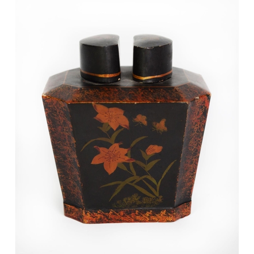 125 - ORIENTAL BLACK LACQUERED PAPIER MACHE TEA CADDY, of tapering, twin lidded form, painted with floral ... 