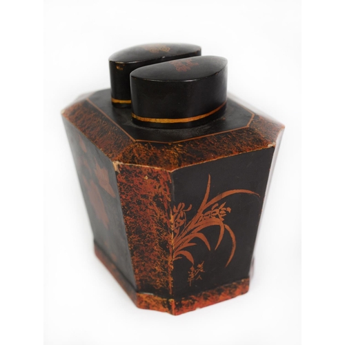 125 - ORIENTAL BLACK LACQUERED PAPIER MACHE TEA CADDY, of tapering, twin lidded form, painted with floral ... 