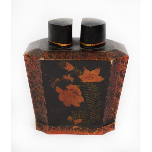 125 - ORIENTAL BLACK LACQUERED PAPIER MACHE TEA CADDY, of tapering, twin lidded form, painted with floral ... 