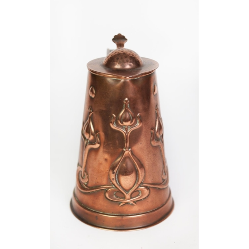 99 - ARTS AND CRAFTS EMBOSSED COPPER LIDDED JUG, of tapering form with thumbpiece to the domed cover and ... 