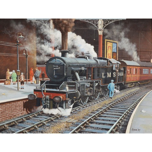 230 - PATRICK BURKE (1932-2010)OIL ON BOARD L M S 2456 STEAM LOCOMOTIVE at the station platformSigned and ... 