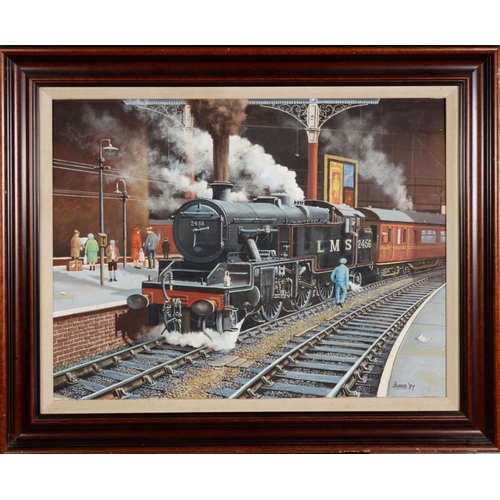 230 - PATRICK BURKE (1932-2010)OIL ON BOARD L M S 2456 STEAM LOCOMOTIVE at the station platformSigned and ... 