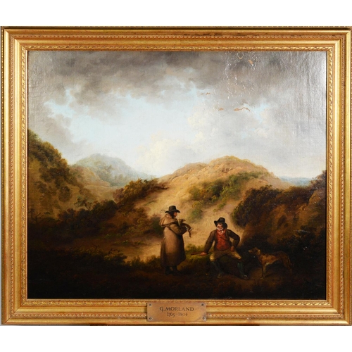 229 - GEORGE MORLAND (1763-1804) OIL PAINTING ON RELINED CANVASLandscape with two figures with game and do... 