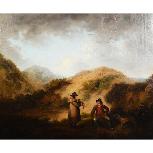 229 - GEORGE MORLAND (1763-1804) OIL PAINTING ON RELINED CANVASLandscape with two figures with game and do... 