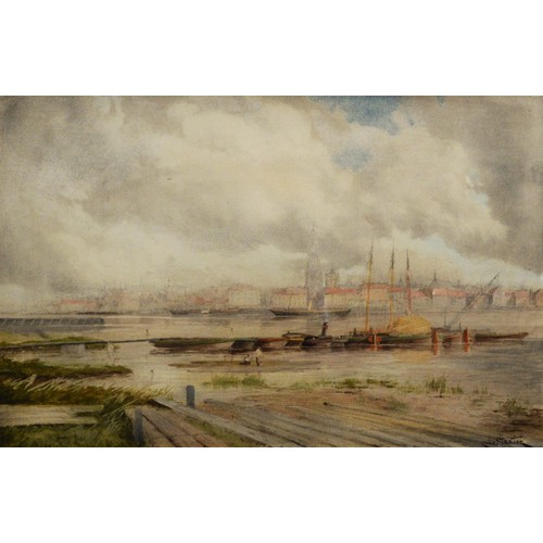 259 - LOUIS VAN STAATEN (1836-1909) WATERCOLOUR River scene with barges in the foreground Signed 15 ½” x 2... 