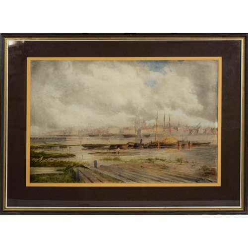 259 - LOUIS VAN STAATEN (1836-1909) WATERCOLOUR River scene with barges in the foreground Signed 15 ½” x 2... 