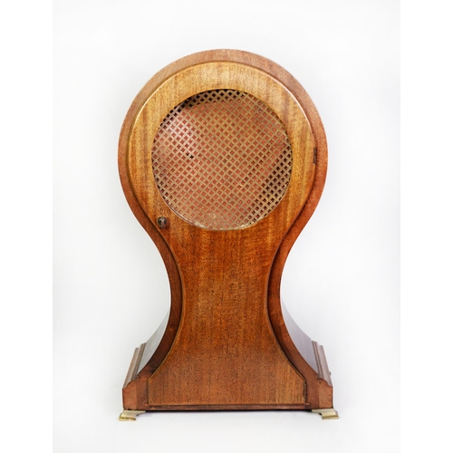 32 - EDWARDIAN LINE INLAID MAHOGANY LARGE BALLOON SHAPED MANTLE CLOCK, with 6” silvered Roman dial, brass... 