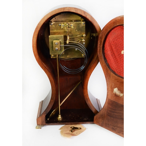 32 - EDWARDIAN LINE INLAID MAHOGANY LARGE BALLOON SHAPED MANTLE CLOCK, with 6” silvered Roman dial, brass... 