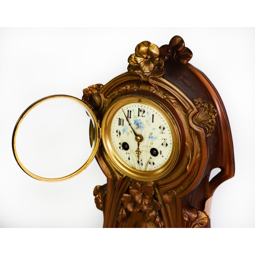 33 - EARLY TWENTIETH CENTURY ART NOUVEAU GILT SPELTER MANTLE CLOCK, the 3 ¼” enamelled Arabic dial with f... 