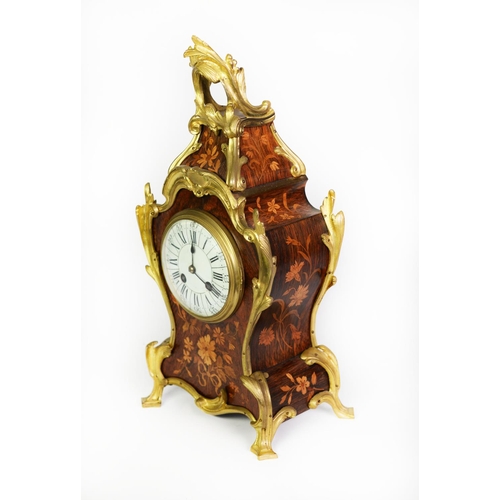 34 - LATE NINETEENTH CENTURY FRENCH INLAID KINGWOOD AND ORMOLU MOUNTED MANTLE CLOCK, the 4 ¼” enamelled d... 