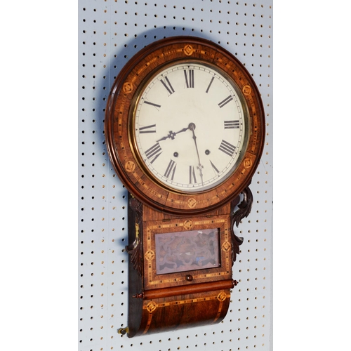 37 - LATE NINETEENTH CENTURY LINE INLAID ROSEWOOD DROP DIAL WALL CLOCK, with 11 ½” enamelled Roman dial a... 