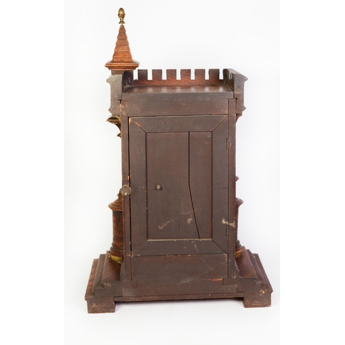 39 - VICTORIAN CASTELLATED OAK CASED MANTLE CLOCK, the 5 ½” two part enamelled Roman dial powered by a JU... 