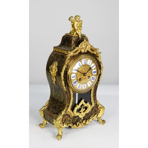 50 - LATE NINETEENTH CENTURY FRENCH PREMIERE-PARTIE ORMOLU AND RED SHELL BOULLE WORK MANTLE CLOCK, the 5”... 