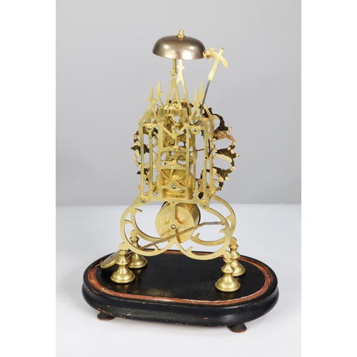 43 - NINETEENTH CENTURY BRASS SKELETON CLOCK, the 6 ¼” pierced and enamelled Roman chapter ring powered b... 