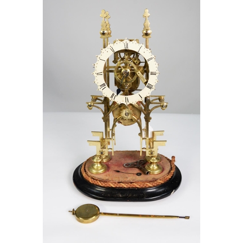 44 - LATE NINETEENTH CENTURY BRASS SKELETON CLOCK, the 5” enamelled Roman chapter ring powered by a singl... 