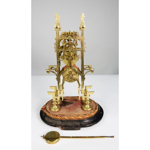 44 - LATE NINETEENTH CENTURY BRASS SKELETON CLOCK, the 5” enamelled Roman chapter ring powered by a singl... 