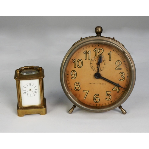 55 - TWENTIETH CENTURY BRASS MINIATURE CARRIAGE CLOCK, 3” (7.6cm) high, together with an ‘INTERMITTENT’ T... 