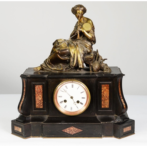 64 - VICTORIAN BLACK SLATE AND BRONZE FIGURAL MANTLE CLOCK, the 4” enamelled Roma dial, powered by a drum... 