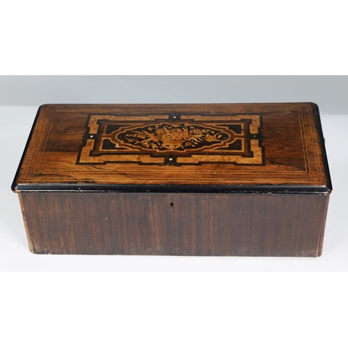 134 - NINETEENTH CENTURY INLAID ROSEWOOD AND EBONISED BOX FOR A CYLINDER MUSICAL MOVEMENT, of typical form... 