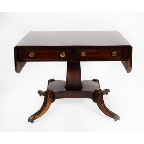 191 - REGENCY MAHOGANY SOFA TABLE, of typical form with crossbanded top, square, tapering column and quatr... 