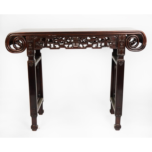 197 - LATE NINETEENTH/ EARLY TWENTIETH CENTURY CHINESE CARVED HUANGHUALI WOOD SIDE TABLE, the oblong top w... 