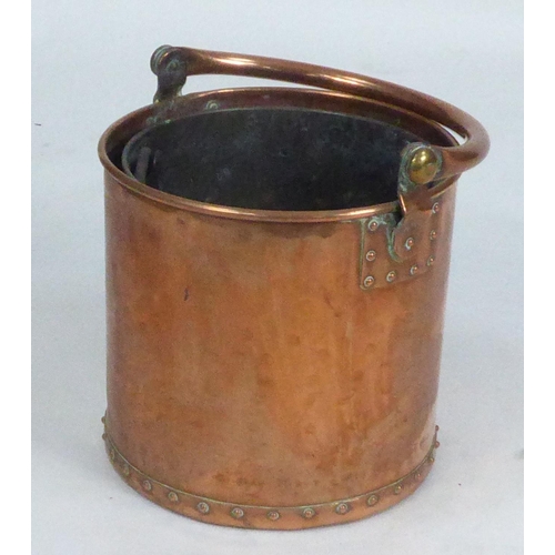 97 - HEAVY COPPER SWING HANDLED COAL BUCKET, with studded borders and removable liner, 13 ½” (34.3cm) hig... 