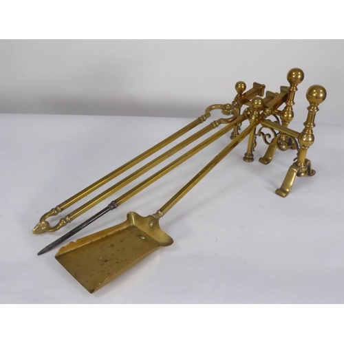 98 - SET OF THREE PIECE BRASS FIRESIDE COMPANION SET, with square section handles, together with a PAIR O... 