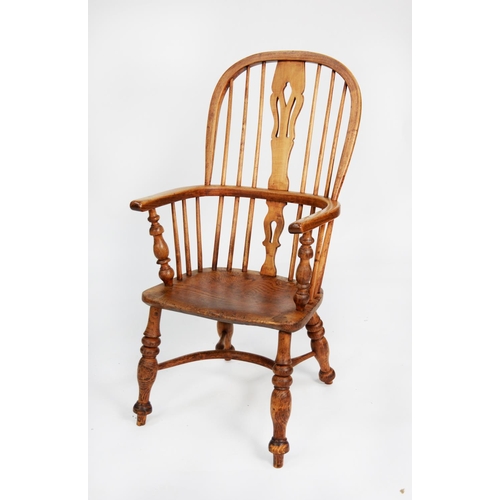 144 - NINETEENTH CENTURY ELM AND FRUITWOOD WINDSOR ARMCHAIR, the two piece high back with central, pierced... 