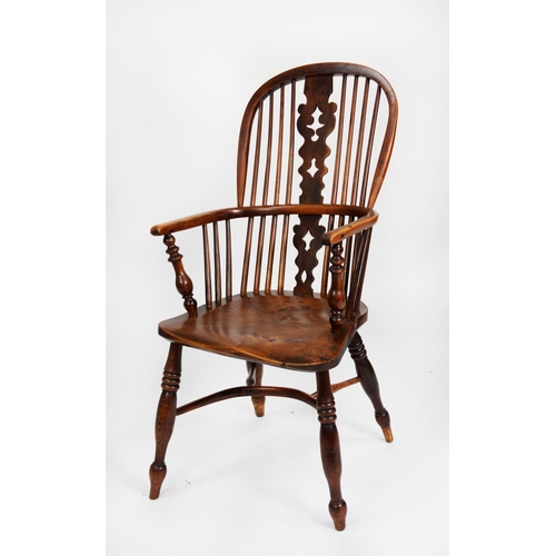 139 - NINETEENTH CENTURY YEW AND ELM WINDSOR ARMCHAIR, the two part high back with pierced splat, set abov... 