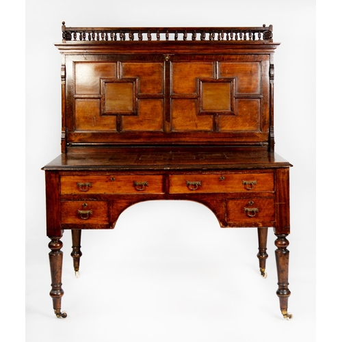 140 - VICTORIAN AESTHETICS MOVEMENT OAK AND WALNUT CLERKS DESK, the galleried oblong top above a large, pa... 