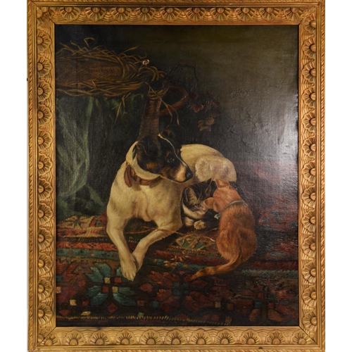 243 - LATE 19th/EARLY 20th CENTURY ENGLISH SCHOOL OIL PAINTING Terrier lying down with two kittens30in x 2... 