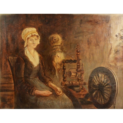 244 - 19th CENTURY ENGLISH SCHOOL OIL ON CANVAS Woman seated by a spinning wheel 13 1/2in x 17 1/2in (34.2... 