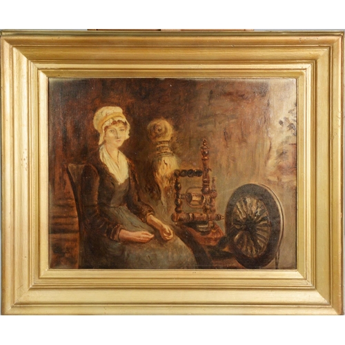 244 - 19th CENTURY ENGLISH SCHOOL OIL ON CANVAS Woman seated by a spinning wheel 13 1/2in x 17 1/2in (34.2... 