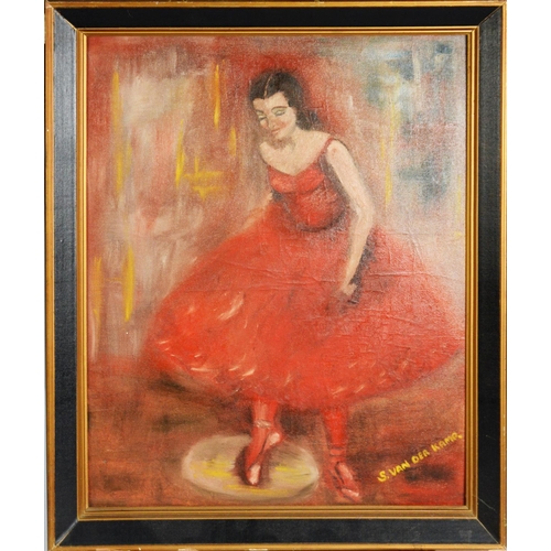 246 - SERGE VAN DER CAM OIL ON BOARD Ballet dancer in red dress Signed 19in x 16in (48.2 x 40.6cm)... 