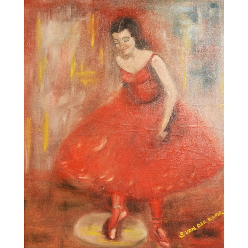 246 - SERGE VAN DER CAM OIL ON BOARD Ballet dancer in red dress Signed 19in x 16in (48.2 x 40.6cm)... 