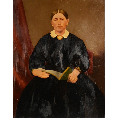 247 - LATE VICTORIAN PAINTED-OVER PHOTOGRAPH PORTRAIT OF A LADY seated with a book on her lap, 22in x 17in... 