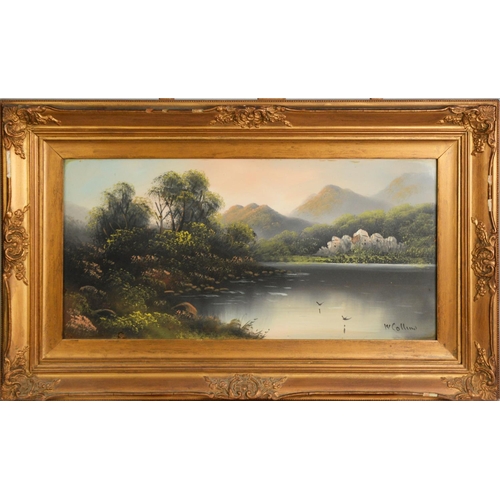 250 - W. COLLINS (late 19th Century) OIL PAINTING Mountainous landscape with lake Signed 10in x 20in (25.4... 