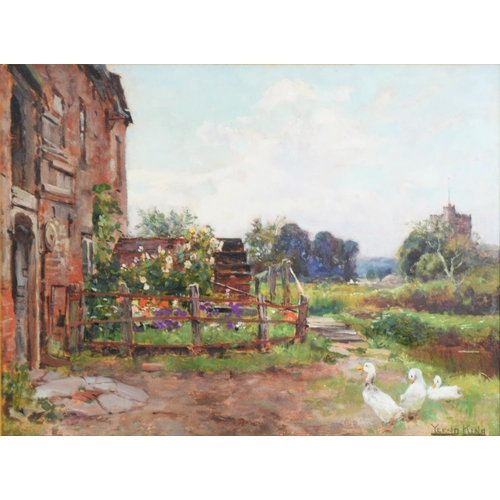 249 - HENRY JOHN YEEND KING (1855 - 1924) OIL PAINTING ON PANEL Rustic dwelling with small flower garden a... 