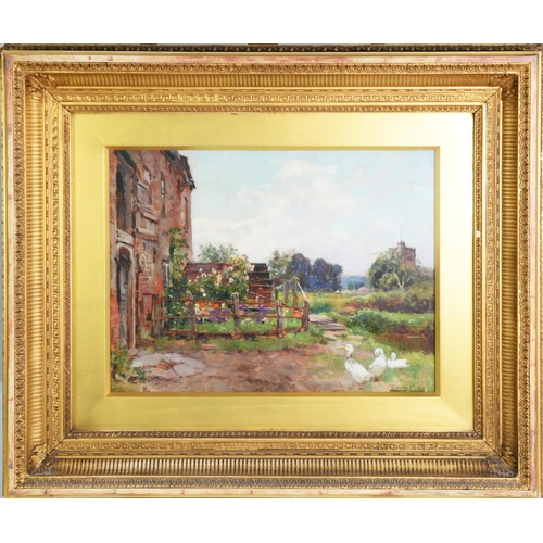 249 - HENRY JOHN YEEND KING (1855 - 1924) OIL PAINTING ON PANEL Rustic dwelling with small flower garden a... 