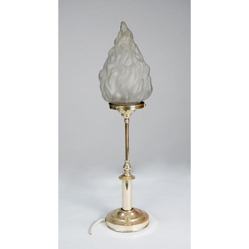 91 - PLATED METAL TABLE LAMP with slender column and circular foot supporting a frosted glass flambeau sh... 