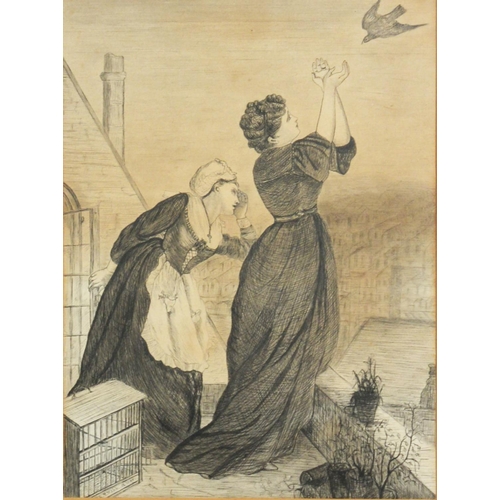 272 - 19th CENTURY ENGLISH SCHOOL PEN AND INK DRAWING Two female figures on a roof top and a returning rac... 