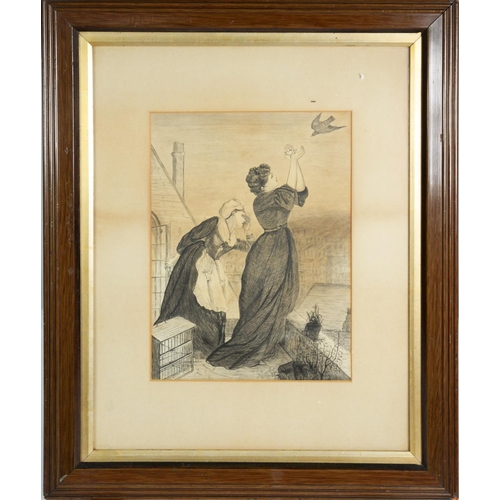 272 - 19th CENTURY ENGLISH SCHOOL PEN AND INK DRAWING Two female figures on a roof top and a returning rac... 