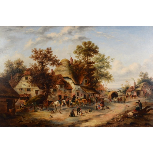 219 - GEORGINA LARA (fl.1862-1871) OIL PAINTING ON RE-LINED CANVAS Rural village scene with thatched roof ... 