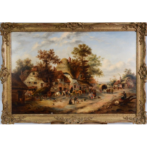 219 - GEORGINA LARA (fl.1862-1871) OIL PAINTING ON RE-LINED CANVAS Rural village scene with thatched roof ... 