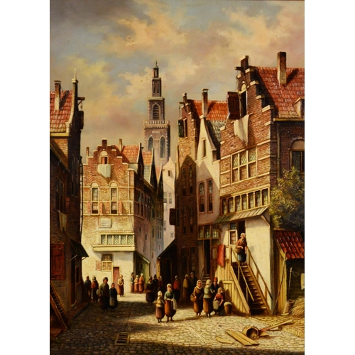 223 - PIETER CORNELIS STEENHOUWER (1896-1972) OIL PAINTINGS ON PANEL, A PAIR Pastiche Dutch street scenes ... 