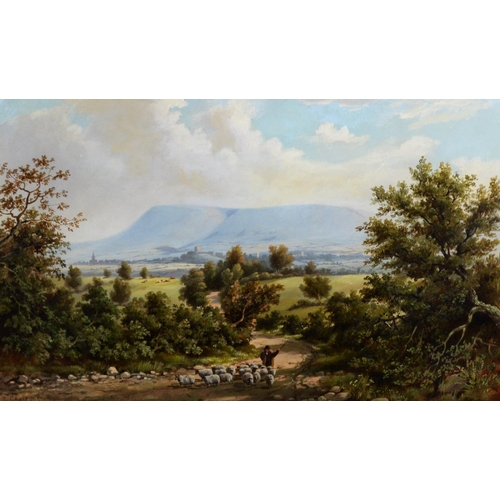 226 - E CAWTHORNE (Late Nineteenth Century) OIL PAINTING ON BOARD Landscape with a shepherd and flock Sign... 