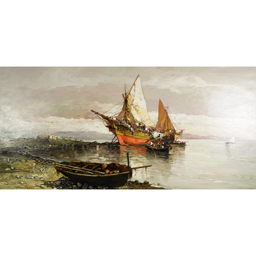 227 - BERTRANE (Twentieth Century) OIL PAINTING ON CANVAS Coastal scene with beached sailing craft, a rowi... 