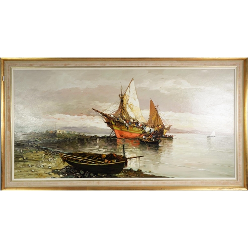 227 - BERTRANE (Twentieth Century) OIL PAINTING ON CANVAS Coastal scene with beached sailing craft, a rowi... 