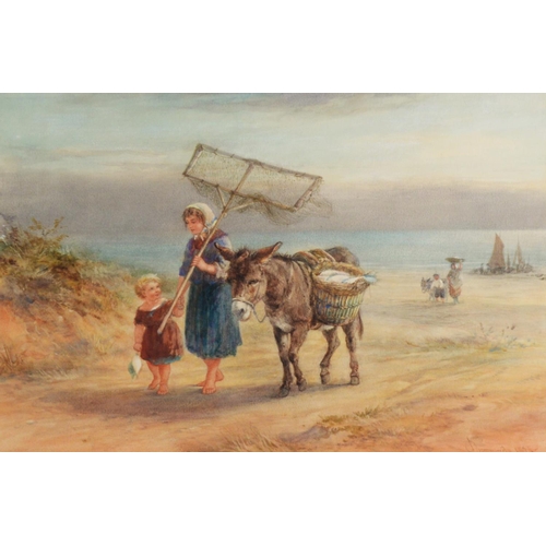 253 - JAMES DRUMMOND R S A (1816-1877) WATERCOLOUR Coastal scene with a fisherwoman and child, a donkey at... 