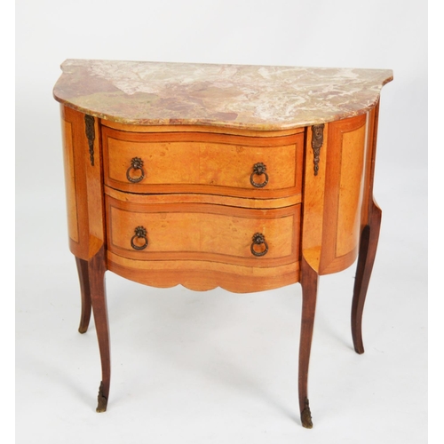 205 - LOUIS XVI STYLE FRENCH BLONDE WOOD AND AMBOYNA TWO DRAWER SMALL COMMODE WITH BROWN VEINED MARBLE TOP... 